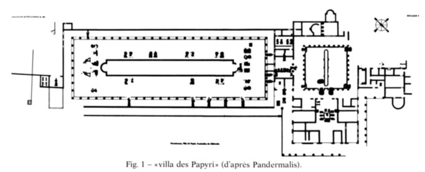 Plan de la « Villa des Papyri » (d’après Pandermalis), page 300 dans : Sauron Gilles, « Templa Serena » dans Mélanges de l'École française de Rome. Antiquité, tome 92, n°1. 1980. pp. 277-301.